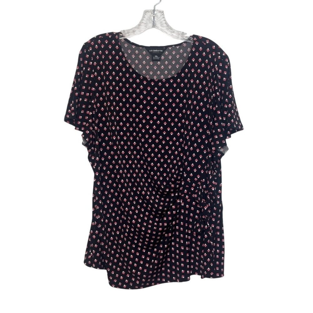 Liz Claiborne Career Shirt Blouse Womens XXL Black Pink Diamond Print Short Slee